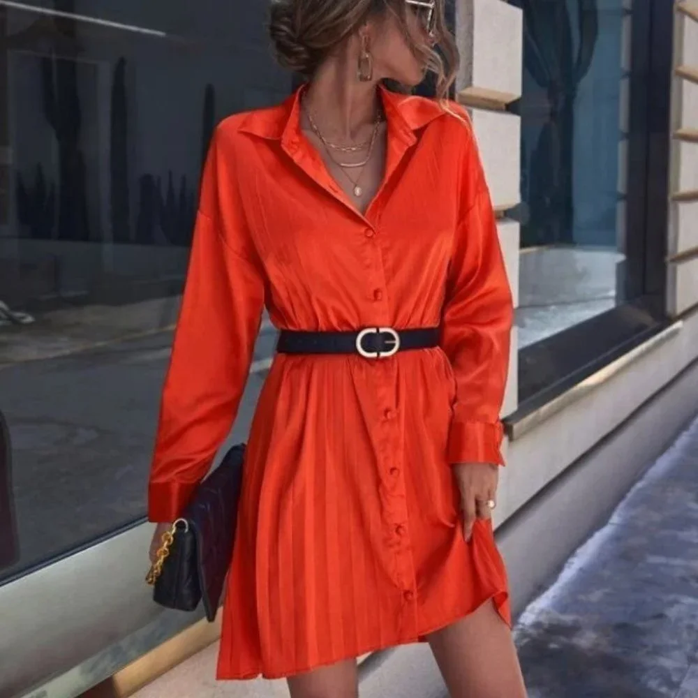 orange Satin Relaxed fit long sleeve button front Dress - Picture 1 of 6